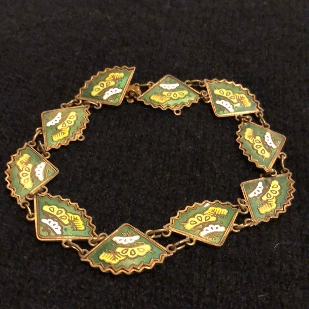 🇯🇵vintage green cloisonné FAN panel link bracelet from Japan. 8” wide Unique